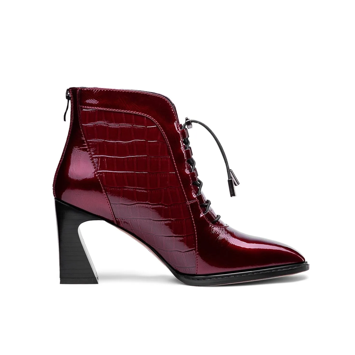 TinaCus Women's Handmade Patent Leather Classic Square Toe High Spool Heel Back Zip Up Short Dressing Boots with Band